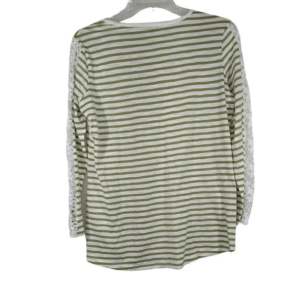Hannah Jersey Knit Top T-Shirt Women Size L Green Stripe with Lace Sleeve - Picture 4 of 6